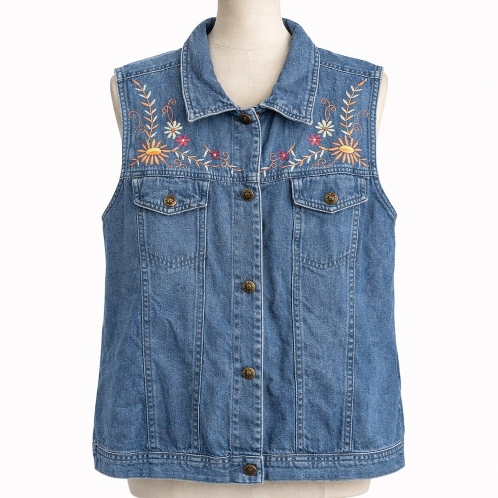 Vtg‎ Floral Embroidered Denim Sleeveless Top Size M Cottagecore Western Festival